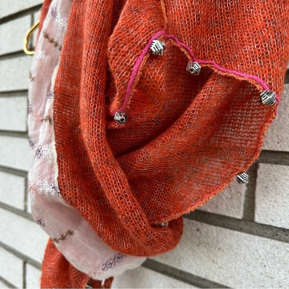 NWT Manyus Burnt Orange Mixed Media Scarf Sheer Embroidered Panel Beaded Fringe